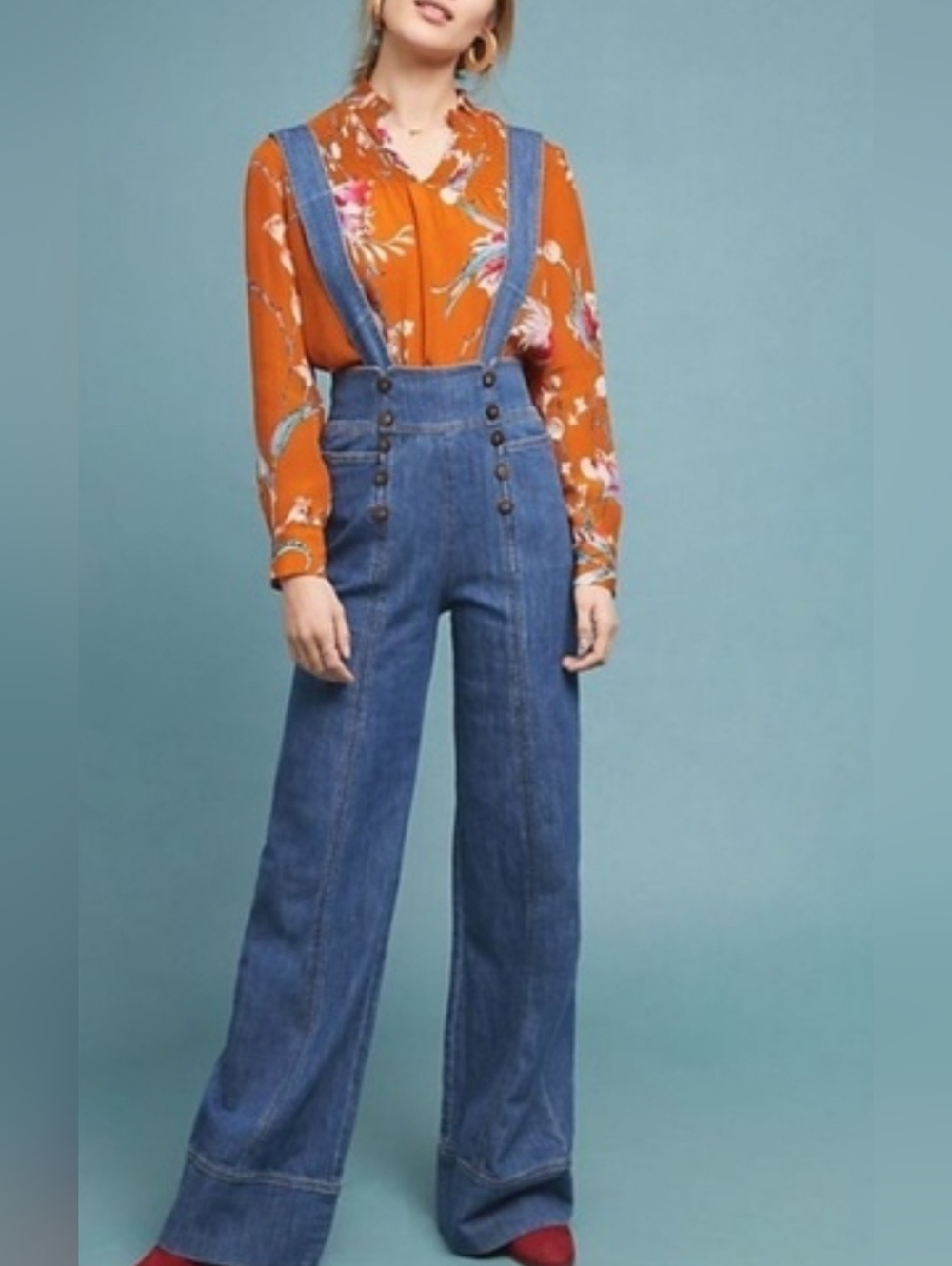 Anthropologie Pilcro And The Letterpress Bibbed Denim Wide Leg Jumpsuit Size 29
